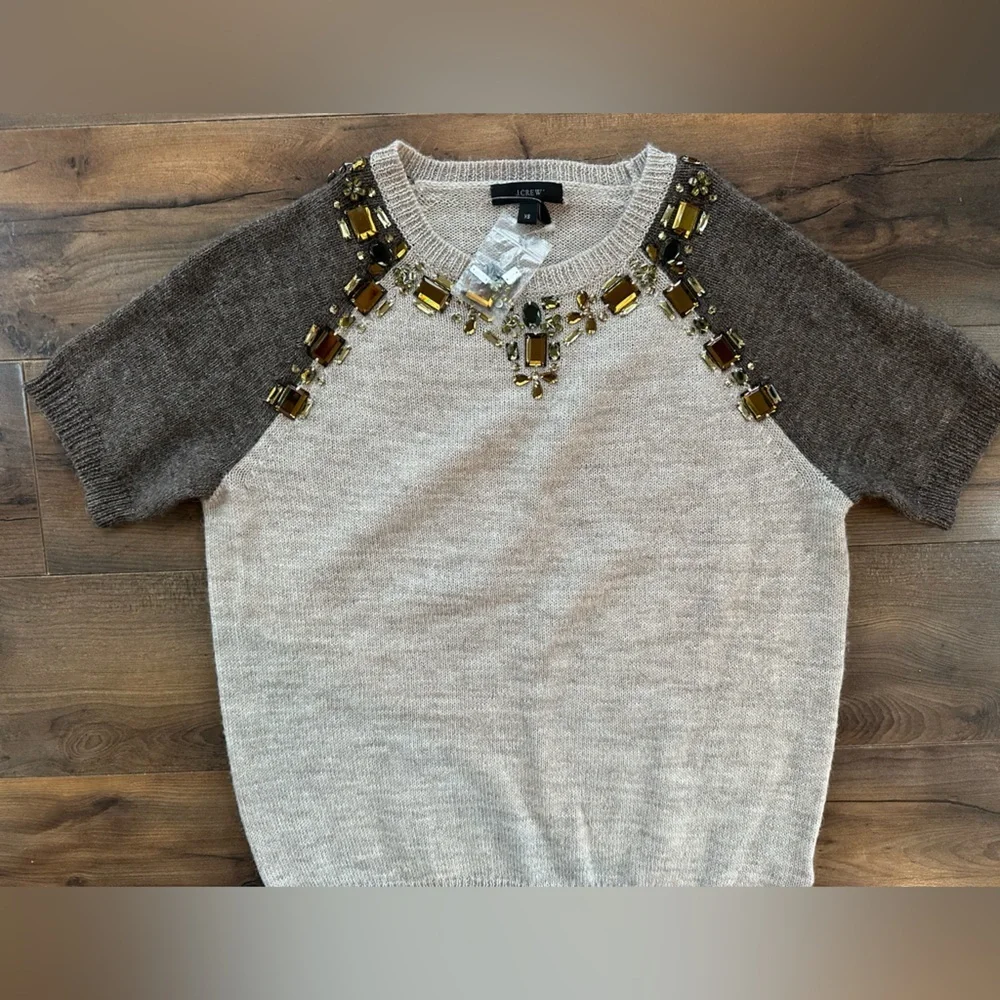 NWOT J.Crew Alpaca Merino Embellished Sweater XS | Jewel Neck Short Sleeve